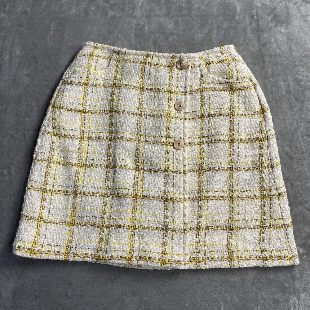 CAbi Skirt Womens 0 White Tweed Plaid Button Front Mini Lined Pockets 6362
